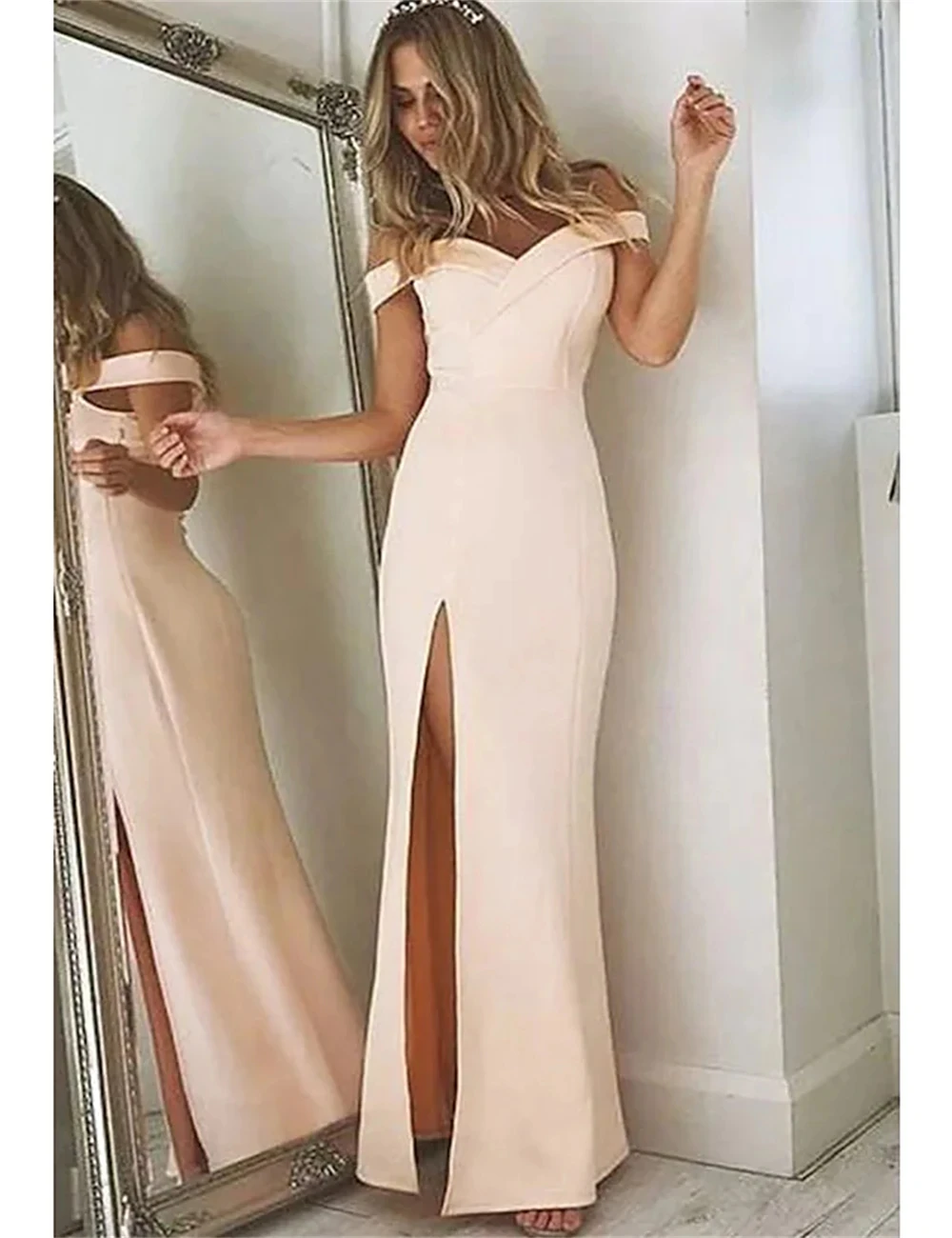 

Minimalist Pure Color Mermaid Evening Dress Simple Formal Occasion Floor Length Sleeveless Off Shoulder Stretch Fabric with Slit