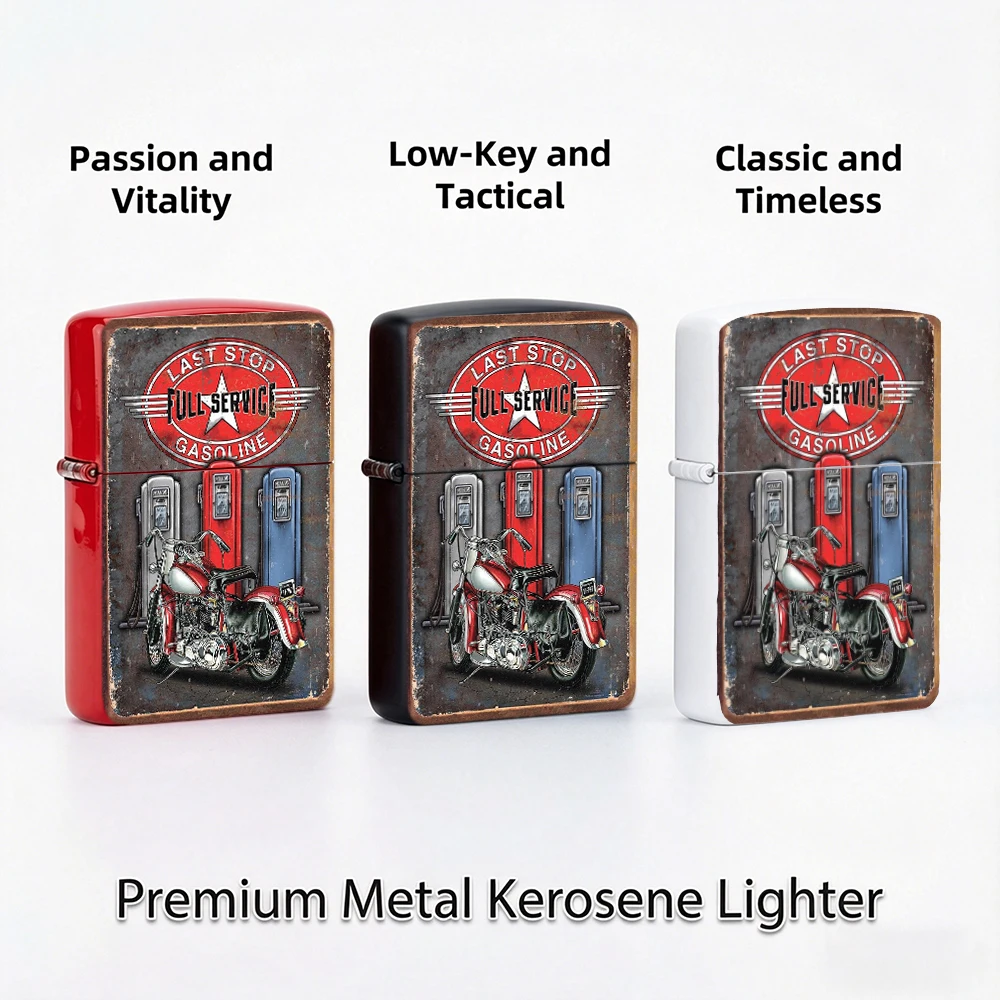 Vintage Flip Top Lighter lighters vintage Last Stop Full Service Motorcycle Gas Pump Retro Sign Print lighters for smokers Daily