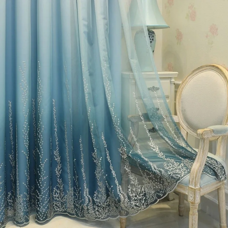 Curtains Blackout Yarn One Full Set Curtains for Living Dining Room Bedroom with Rod Floor Standing Curtains Double Layers