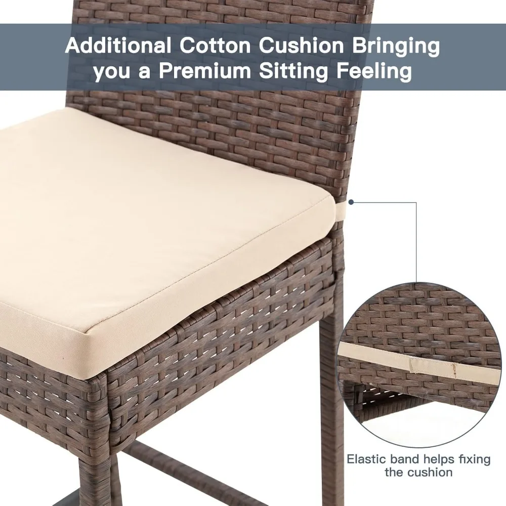 Outdoor Bar Stools, Wicker Woven Patio Stools & Patio Bar Chairs with Seat Cushion and Cozy Footrest, Rattan Furniture Armless