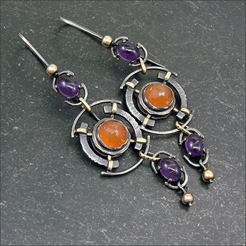 Geometric Vintage Orange Purple Color Stone Hollow Dangle Earrings For Women Female Party Jewelry Pendant Custom Jewelry