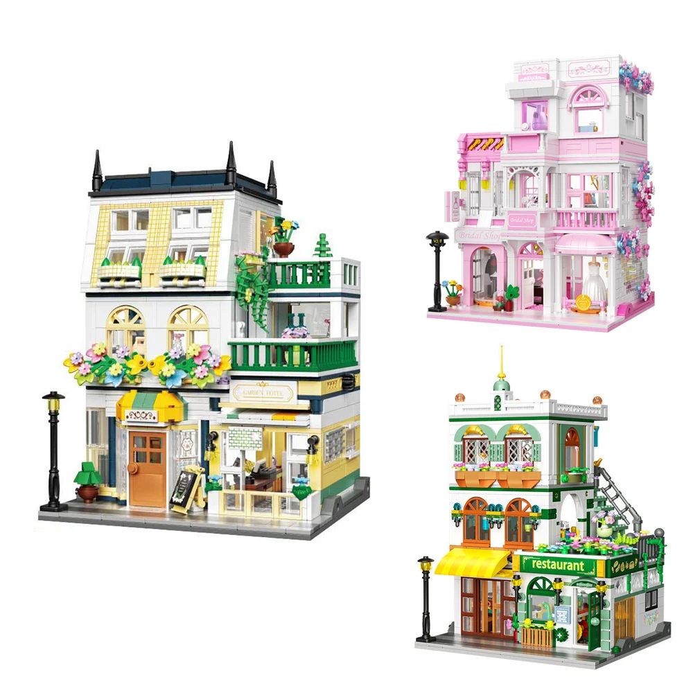 

Creative City Street View Architecture Mini Block Wedding Coffee Shop Building Brick Restaurant Hotel Toy With Light For Gifts
