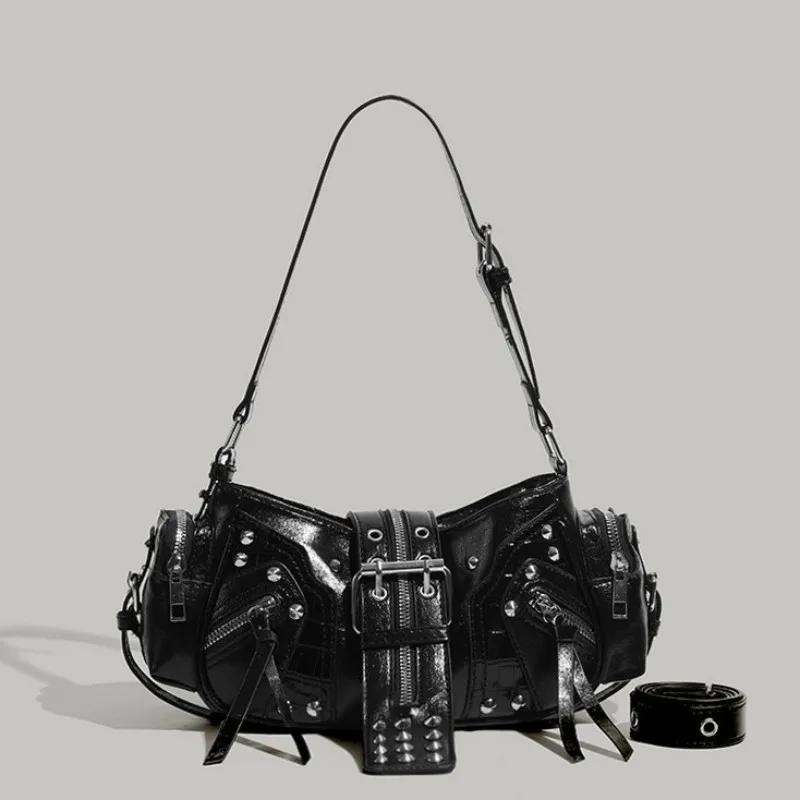 Borsa a tracolla da donna in stile Y2K punk vintage, in pelle PU, borsa gotica con borchie, borsa a cintura, borsa a tracolla nera di lusso con borchie.