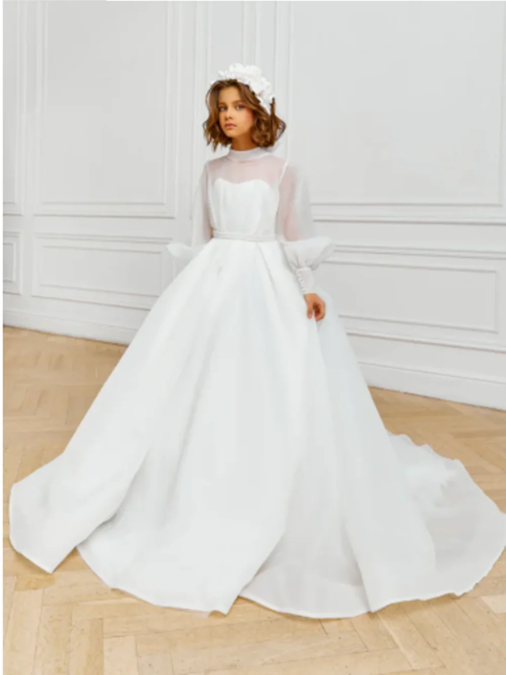 Robes de demoiselle d'honneur en tulle blanc pour mariage, manches longues, longueur au sol, perlée, enfants, princesse, reconstitution historique, anniversaire, boule, quoi que ce soit