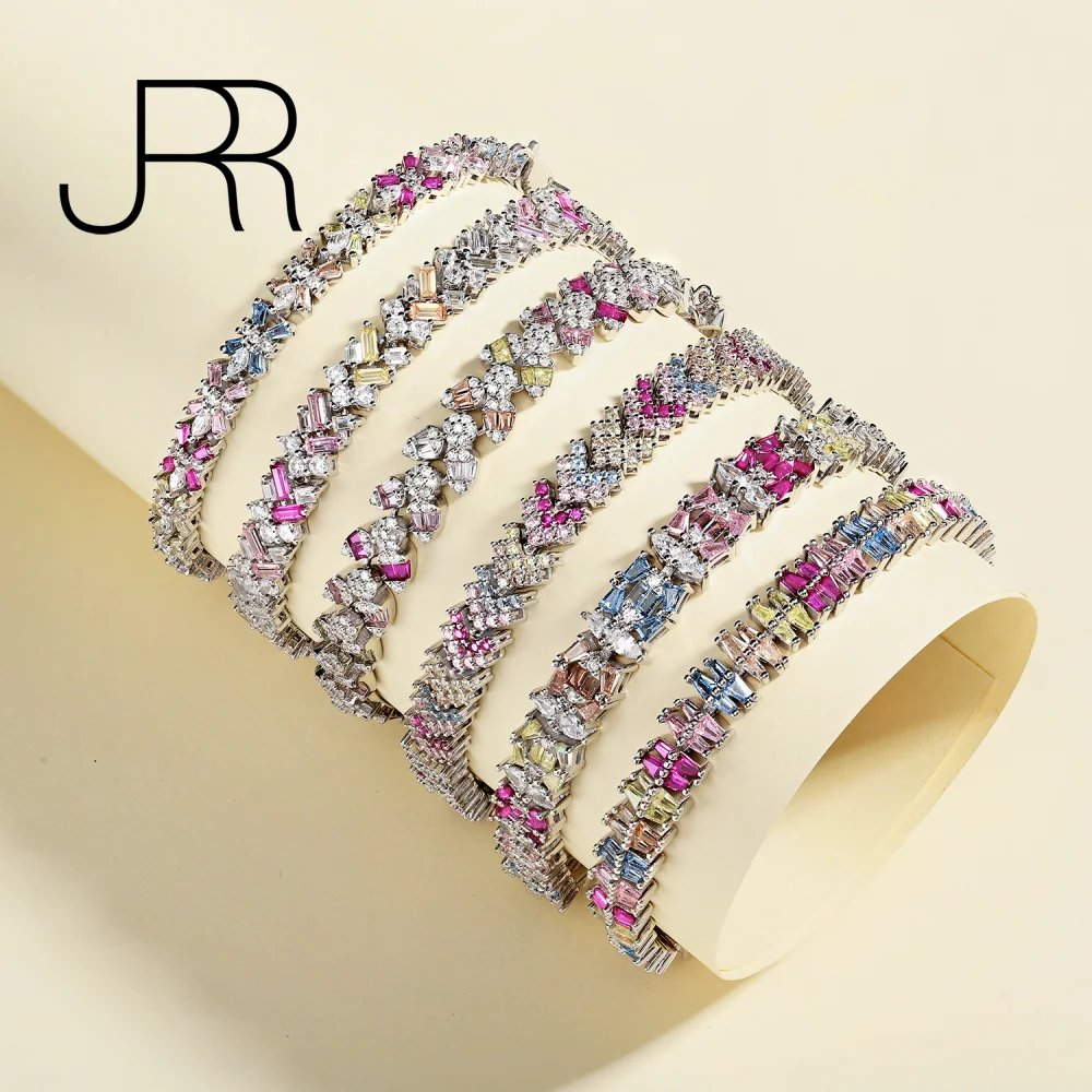 

JRR High Quality 925 Sterling Silver Fashion Baguette Color Tennis Bracelets Created Gemstone Women Cocktail Party Fine Jewelry