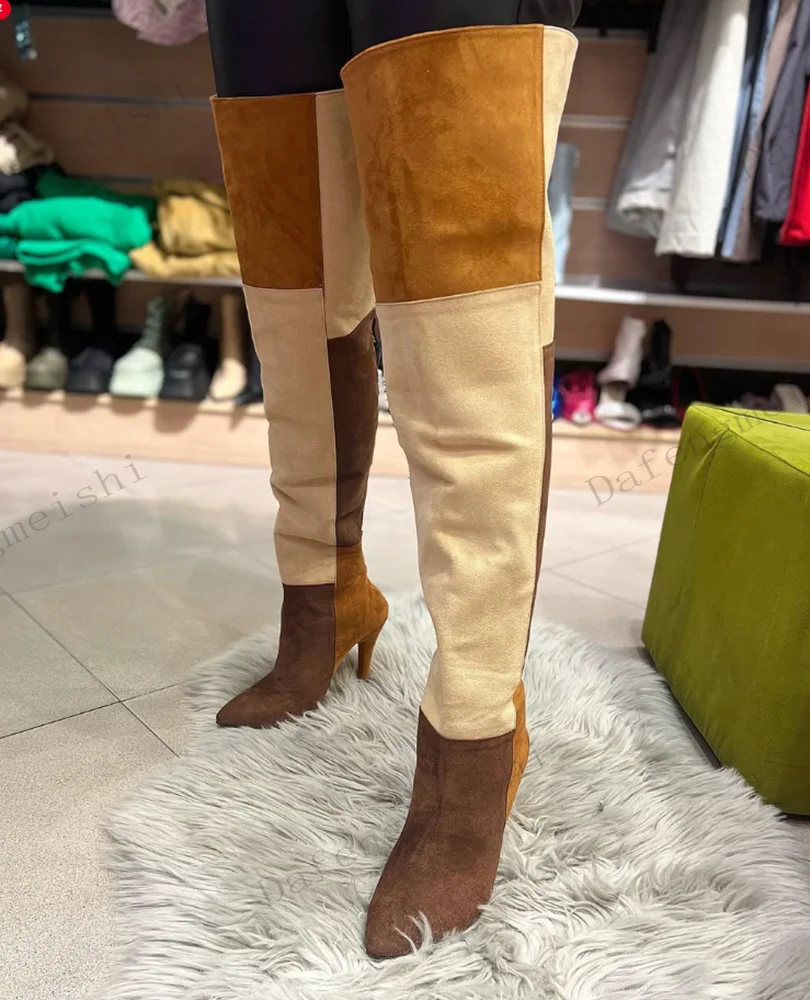 Damen Overknee-Stiefel mit Farbblock-Design, Wildleder-Patchwork, spitzer Zehenpartie, Stilettoabsatz, Reißverschluss, Herbstmode-Stiefel