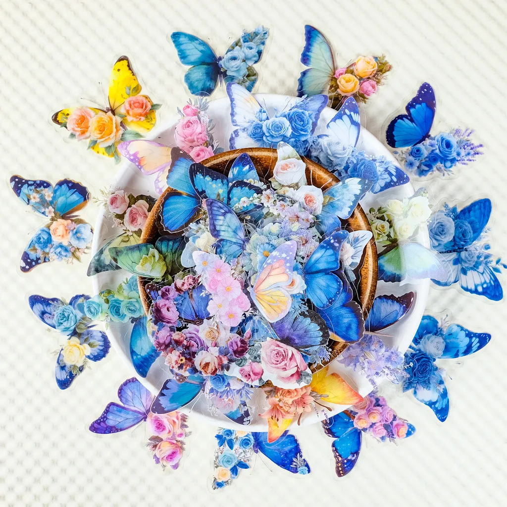 56Pcs Blue Butterfly Flower Transparent PET Stickers - Artistic Scenery-Creating Creative Decorative Decals Anime Worlds Store