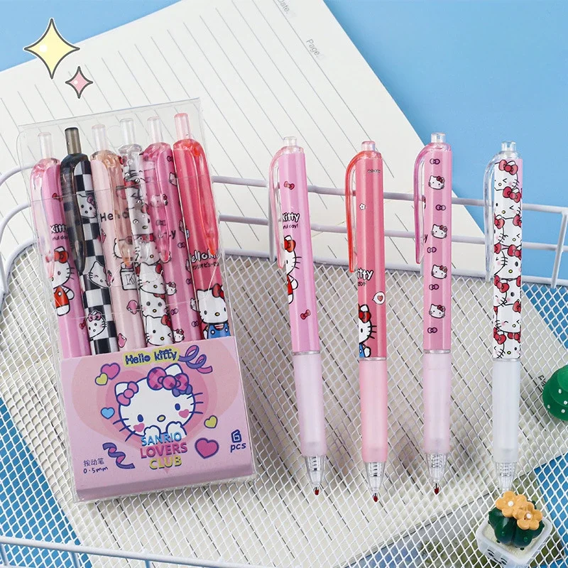 6Pcs Sanrio Gel Pen Hello Kitty Cartoon Kuromi ST Quick Drying Black 0.5mm Press The Ballpoint Pen Learning Stationery Gifts