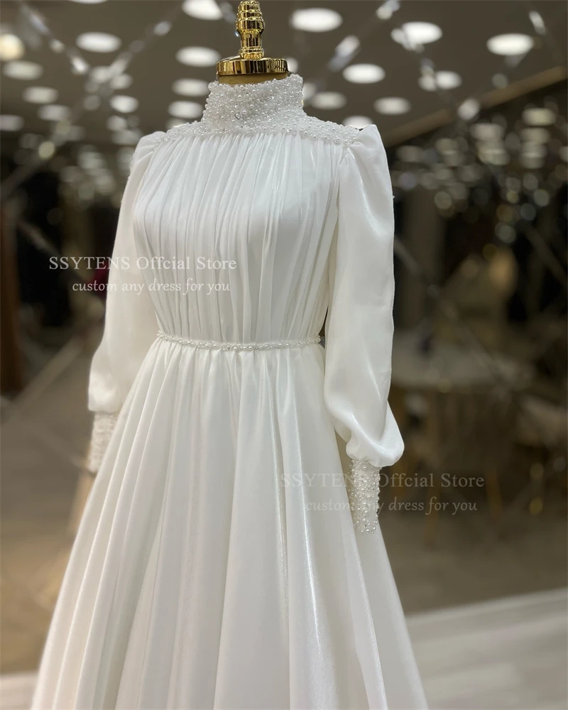 SSYTENS lvory Satin Wedding Dresses High Neck Full Sleeves Bride Gown Female Modest Muslim Long A Line Bridal Dresses Customized - Image 3