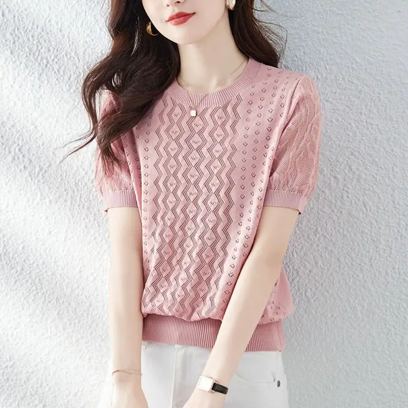 Korean Summer Women's Round Neck Solid Color Hollow Out Jacquard Weave Ice Silk Fabric Fashion Short Sleeve Loose Knitting Tops