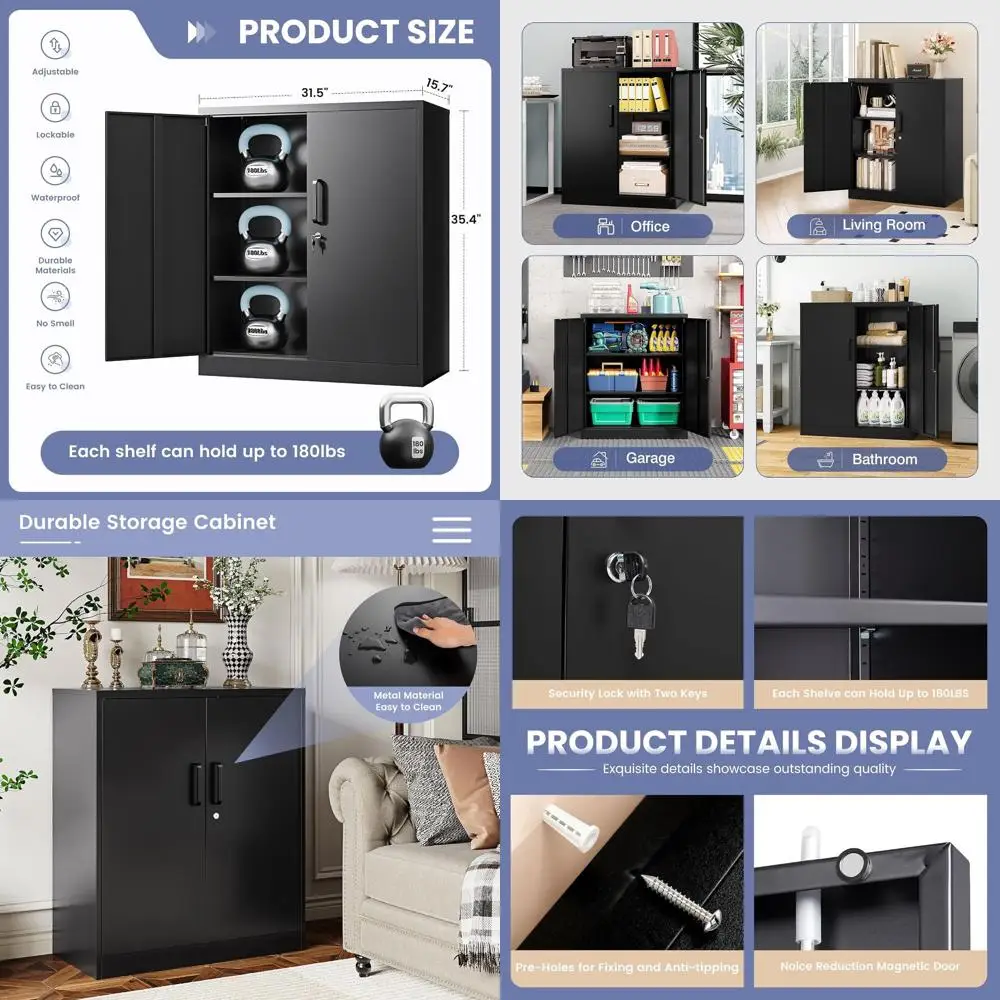 

Черный металлический шкаф для хранения с замком и регулируемыми полками для гаража, дома, офиса и школы (требуется сборка)