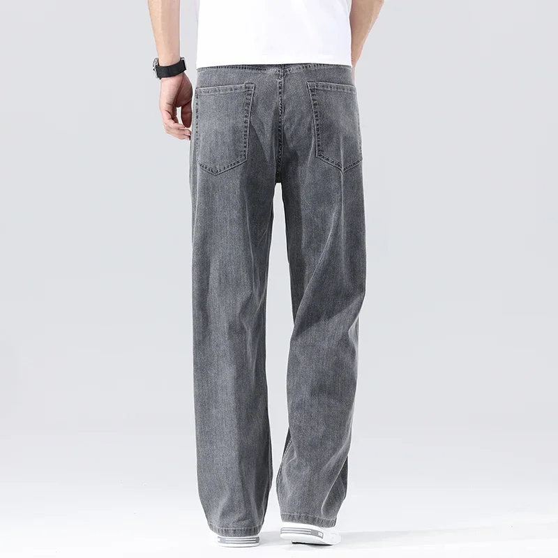Ultra Thin Summer Fashion Drape Soft Fabric Pants Wide Legs Ice Silk Lyocell Men\'s Loose Jeans Business Straight Denim Trousers