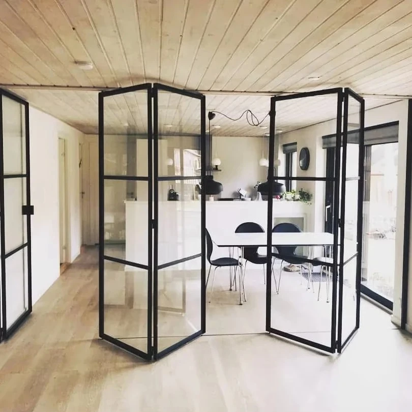 Customized Size Automatic Frameless Folding Glass Doors System Vertical Bi-Fold Style For Kitchen Interior Steel Fiberglass