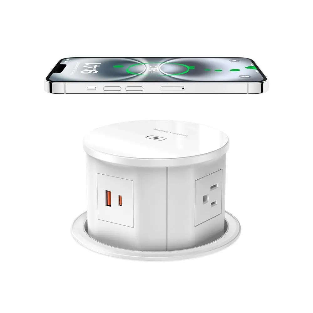 

4.75 Desk Power Grommet with 15W Wireless Charging, 4 AC Outlets, and 20W PD USB Port for Office and Kitchen Use (ETL & CC Liste