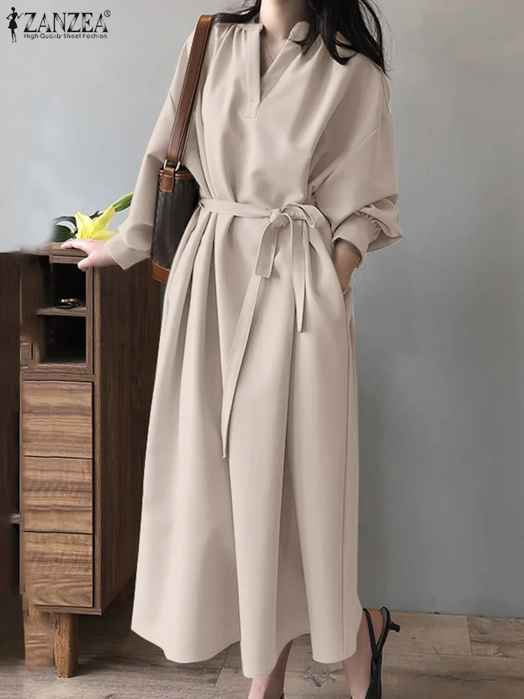 ZANZEA 2024 Women Shirt Dress Vintage Solid V-neck Long Vestidos Spring Long Sleeve Belted Robes Office Lady Pocket Midi Dresses