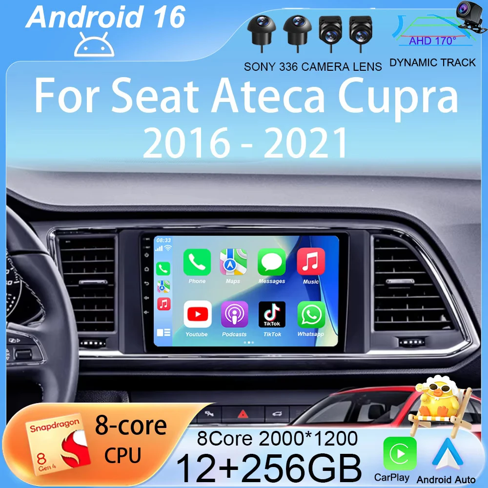 Android 16 Carplay Auto Car Radio For Seat Ateca Cupra 2016-2021 WIFI+4G Multimedia Video Player Navigation GPS 2 Din DVD Stereo