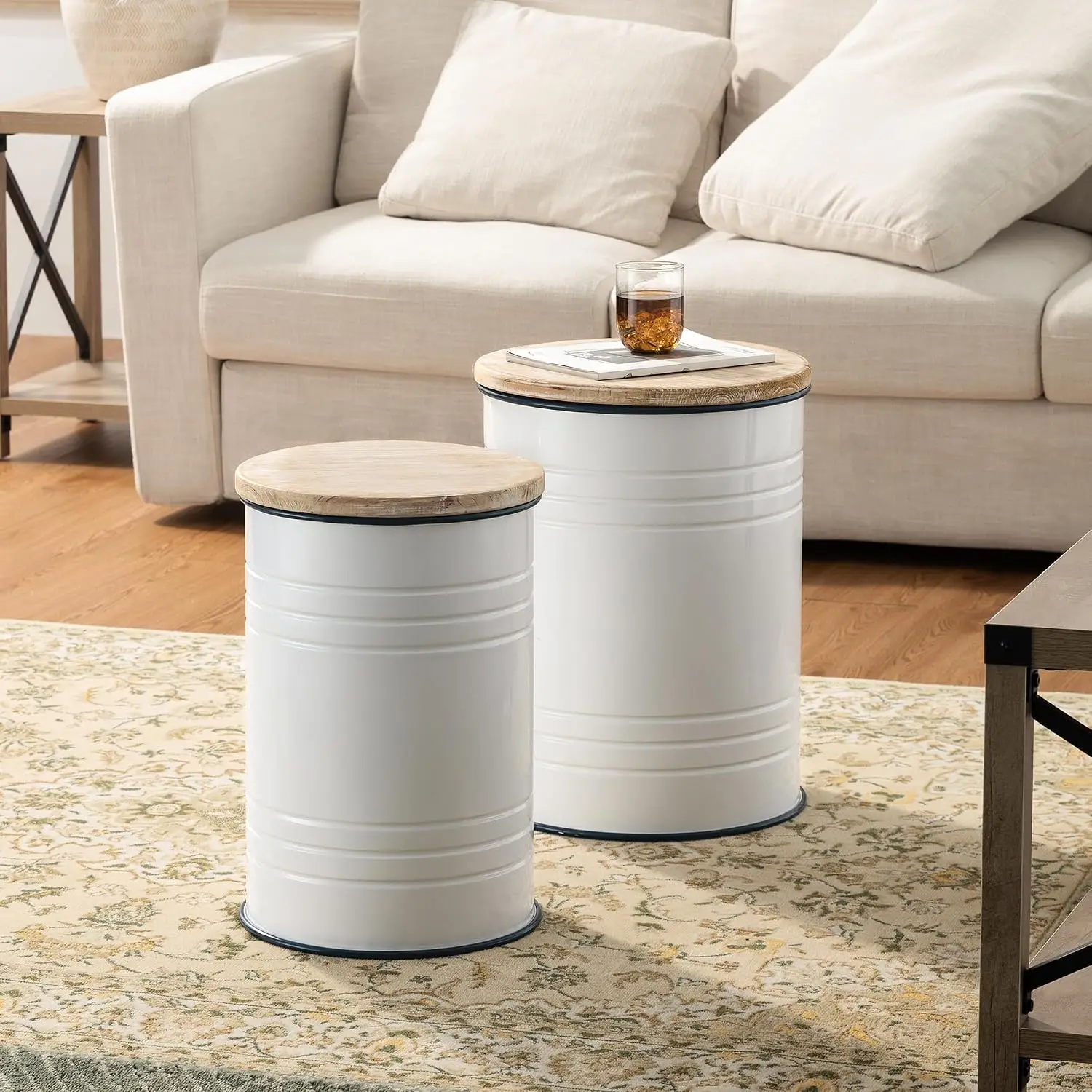 Rustic Ottoman & End Table, Galvanized Blue Rim Side Table With Wood Lid For Living Room, Set Of 2, White, Customized