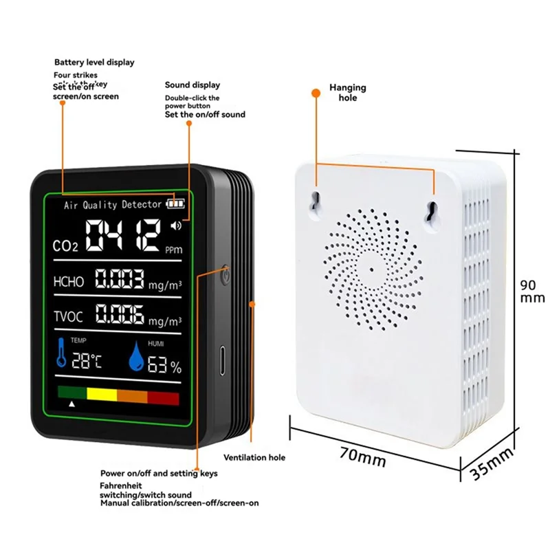 ELECT-TVOC HCHO كاشف MT05 داخلي مراقبة جودة الهواء USB قابلة للشحن CO2 متر جهاز قياس درجة الحرارة والرطوبة CO2 كاشف Bla