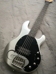 5-string Bass Guitar Silver Powder Body Maple Neck Fixed Bridge Black pickup guard Active Battery Ray Bass