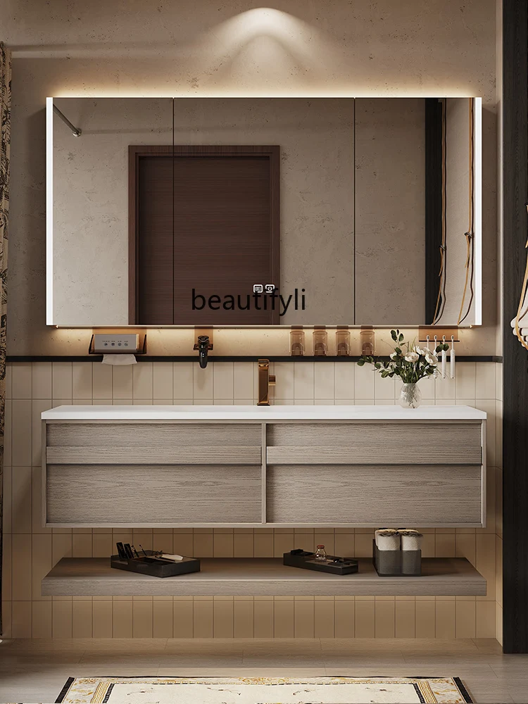 

Medieval style rock slab hot bending seamless integrated basin bathroom cabinet combination, washing table hand washbasin