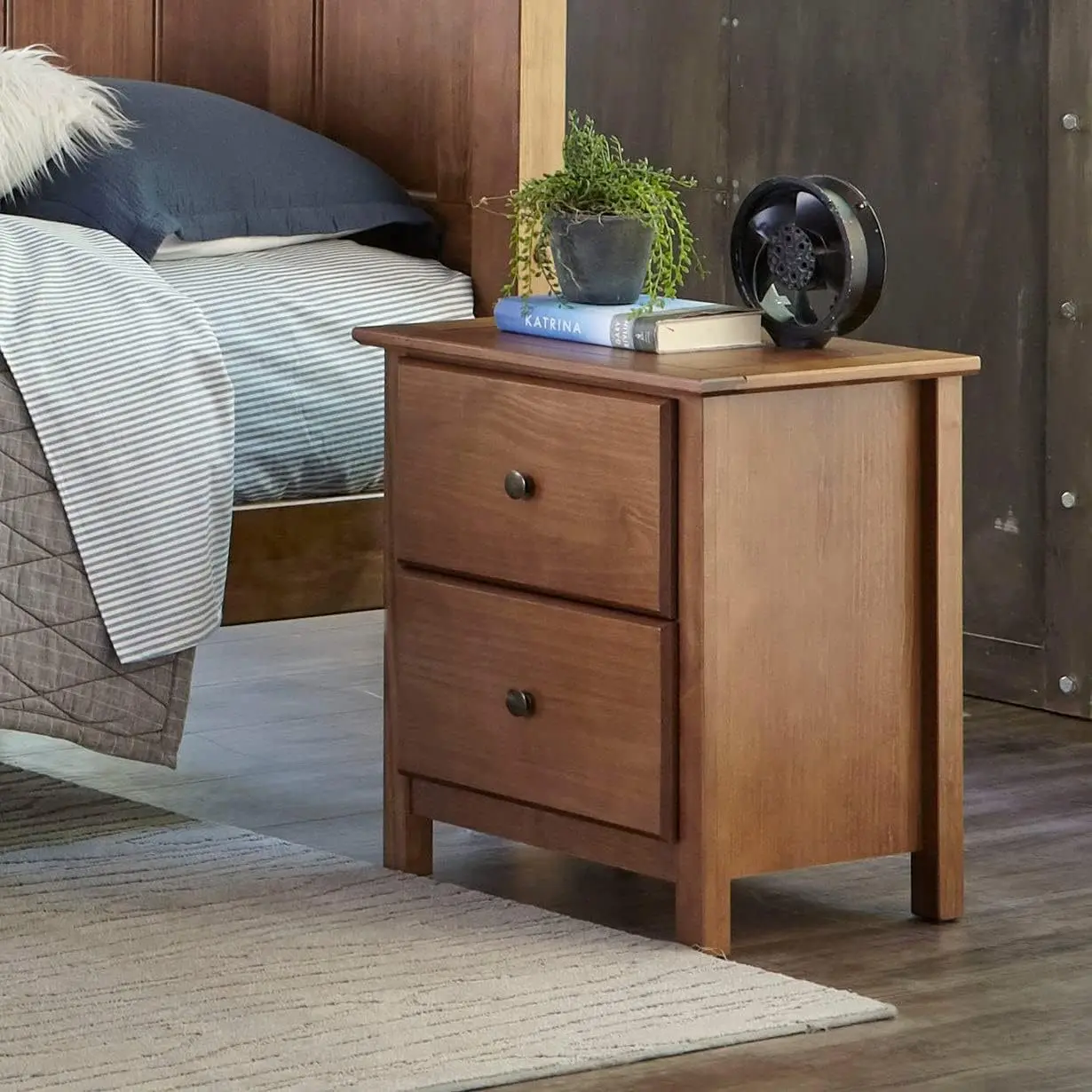 

Bedroom bedside table, double drawer bedside table, solid wood, walnut, suitable for family bedroom living room