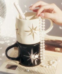 Estilo luxuoso Galaxy Moon Starlight Cup, Gemstone Pearl Ceramic Mug, presente misterioso retrô para casais, copo de água