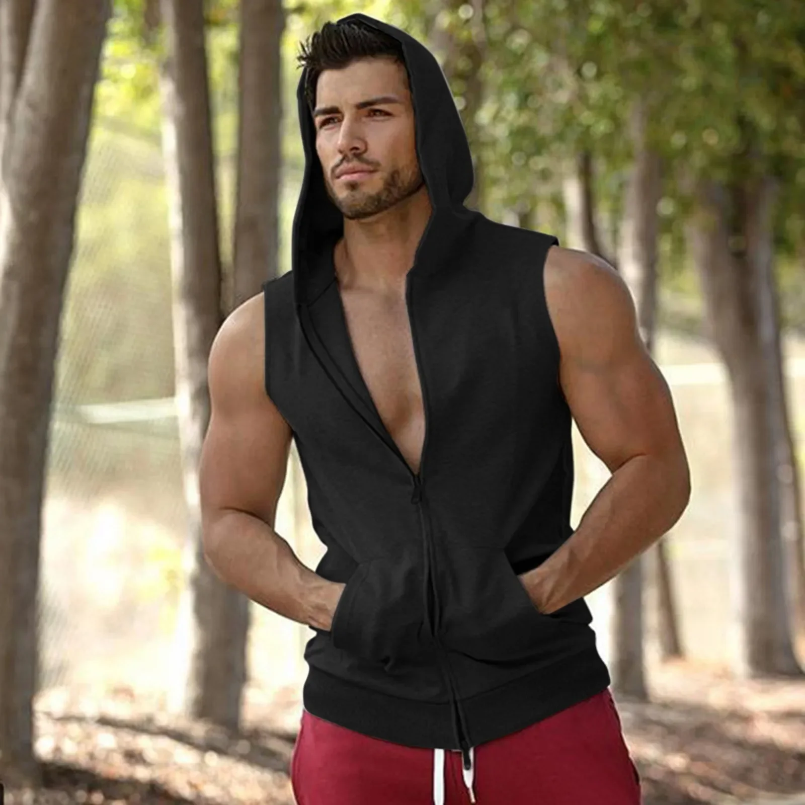 Brand Gyms Hooded Double Zipper Tank Tops Men Bodybuilding Cotton Sleeveless Vest Sweatshirt Fitness Workout Sportswear Top Male