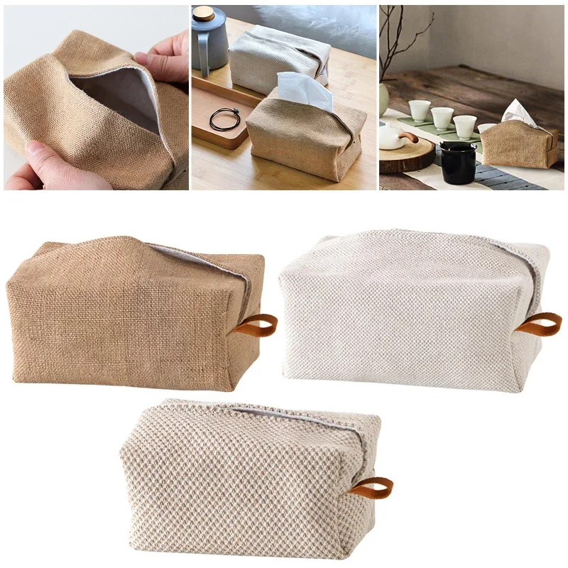 Linen Tissue Box Holder Decoration Cloth Tissue Cover Pouch Container for Home Kitchen Napkin Papers Countertop Car Restaurant