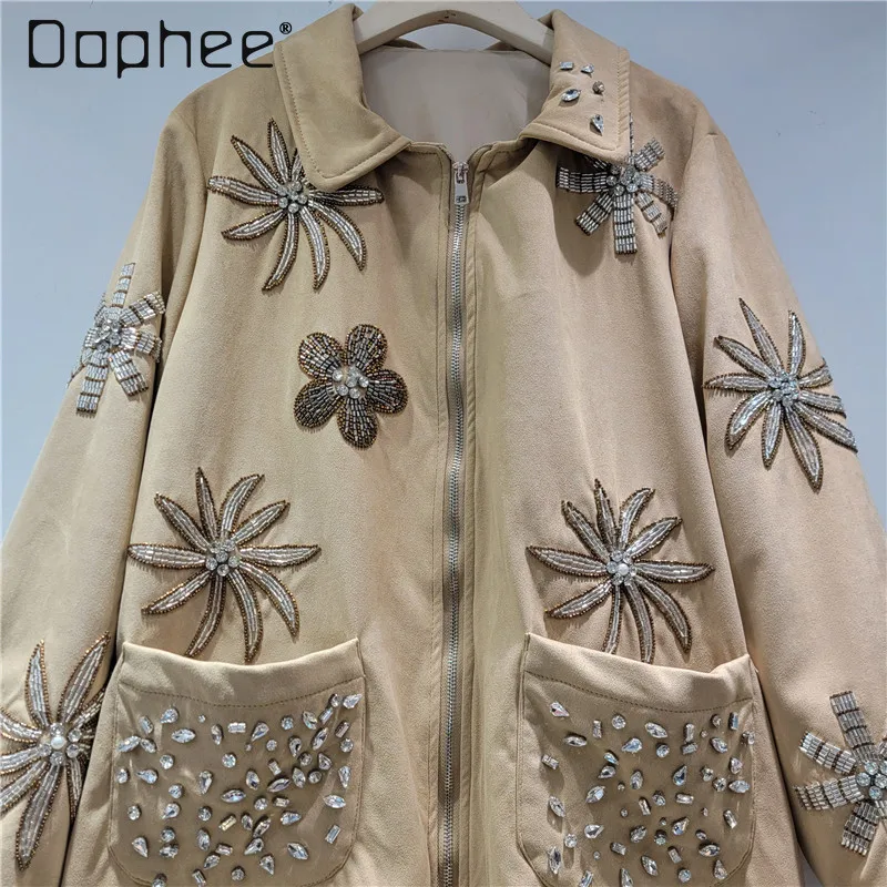 

French Fashion High-end Heavy Diamond Lapel Fashion Imitation Deerskin Fleece Jacket Autumn Winter New Trend Loose Casual Jacket
