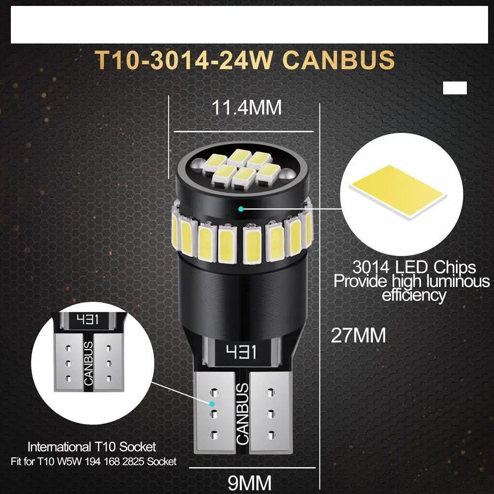 2PCS LED T10 CANBUS No OBC W5W 194 168 Error Free For Auto Interior Bulb Dome Reading Lights Trunk Lamp Parking White 12V