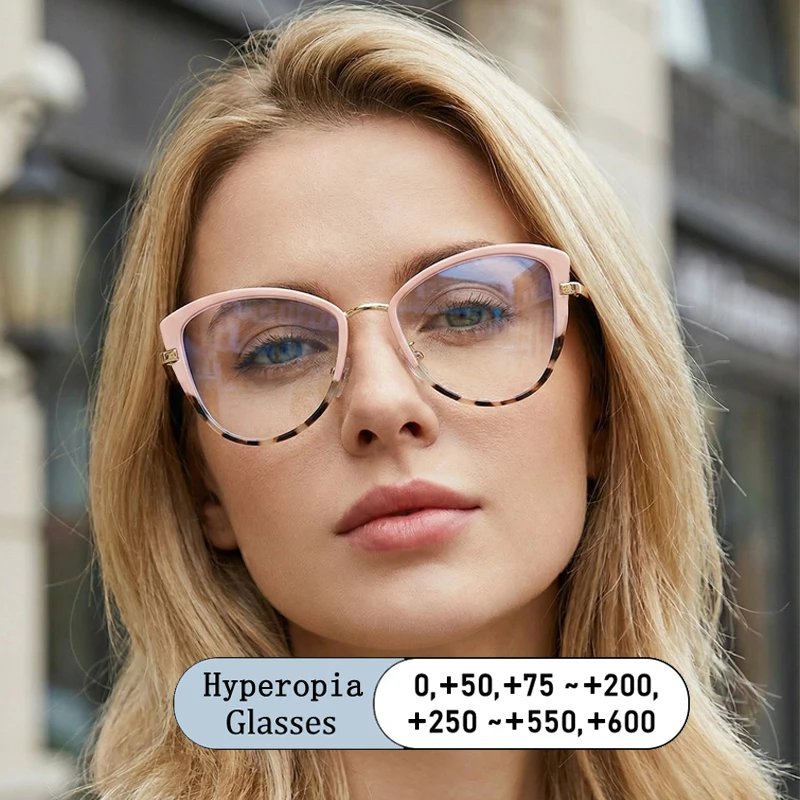 

Brand Design Anti Blue Light Leopard Print Hyperopia Glasses Women Metal Cat Eye Frame Finished Prescription Eyewear Computer