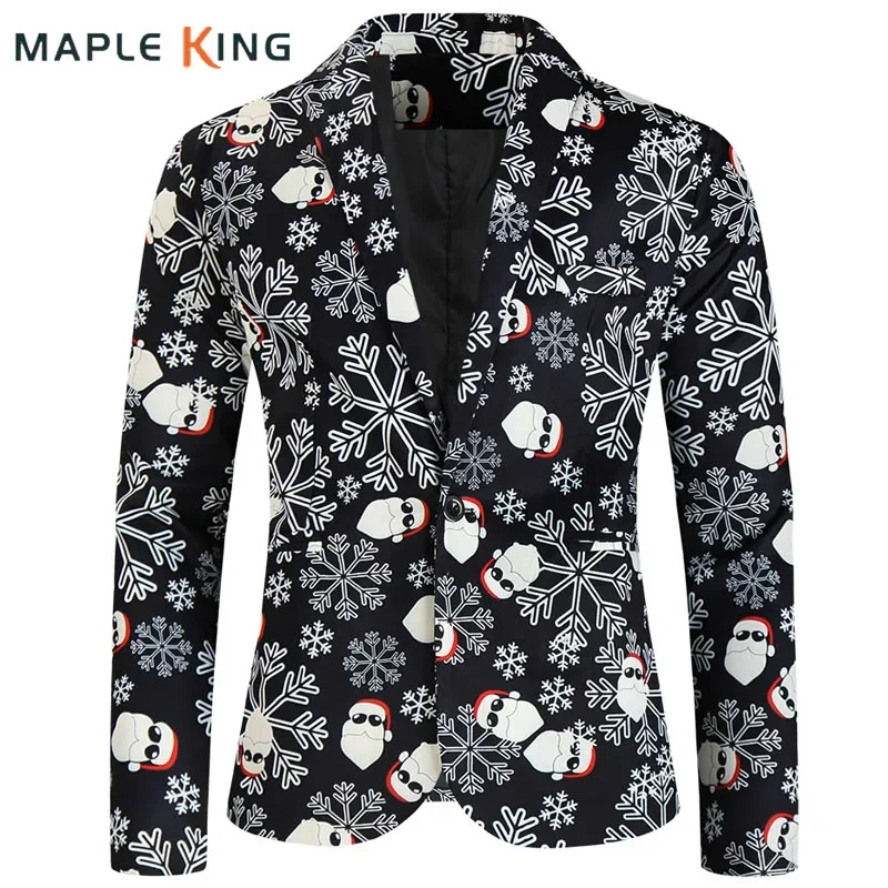 Christmas Style Suits for Men Natale Decorazioni 2024 Snowflake Santa Claus Print Blaser Hombre Elegantes Mens Jackets Coats 4XL