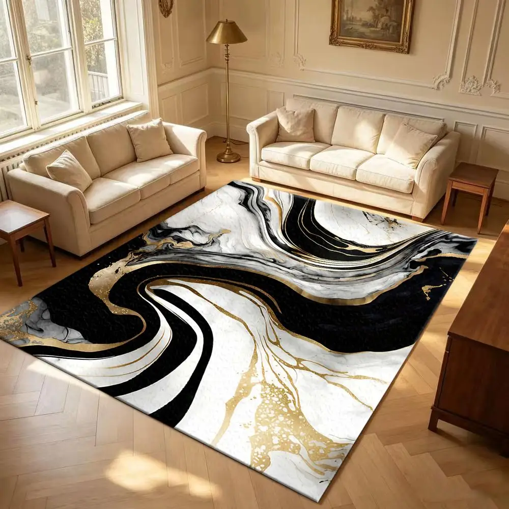 Black White Gold Marble Swirl Carpet Flooring, Luxury Abstract Square Area Rug for Interior Decoration