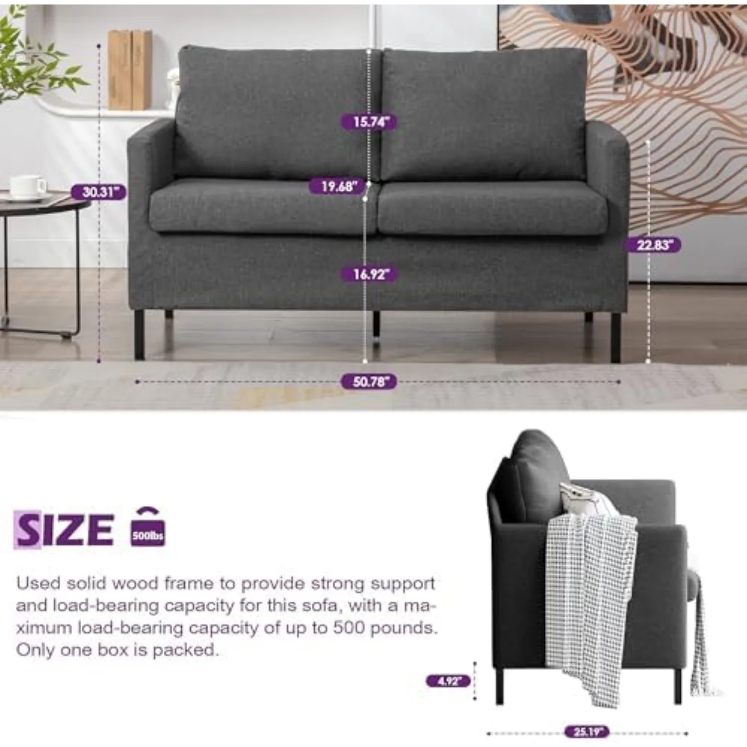 51'' Dark Grey Small Couch Loveseat, 2-Seater Linen Sofa | Love Seat, Small Sofa Design, Linen Upholstery, Iron Legs