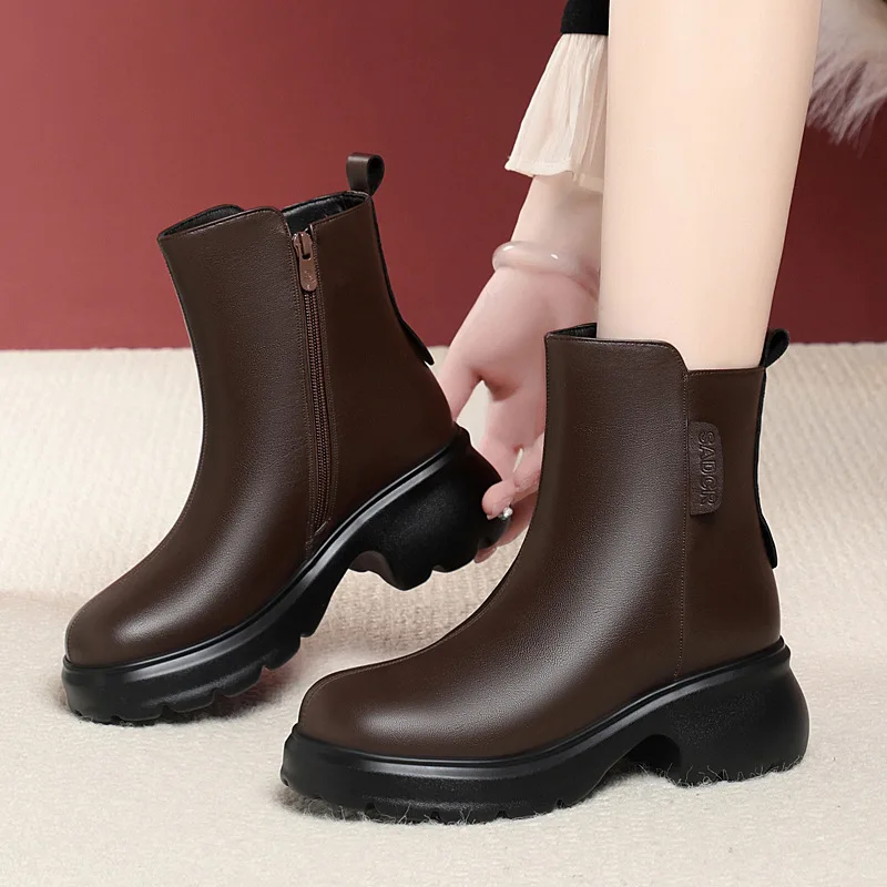 

6cm All Match Elegant Women's Shoes Winter Square Heels Ankle Boots 2025 Comfortable Soft Leather Warm Fur Boots for Office Mom
