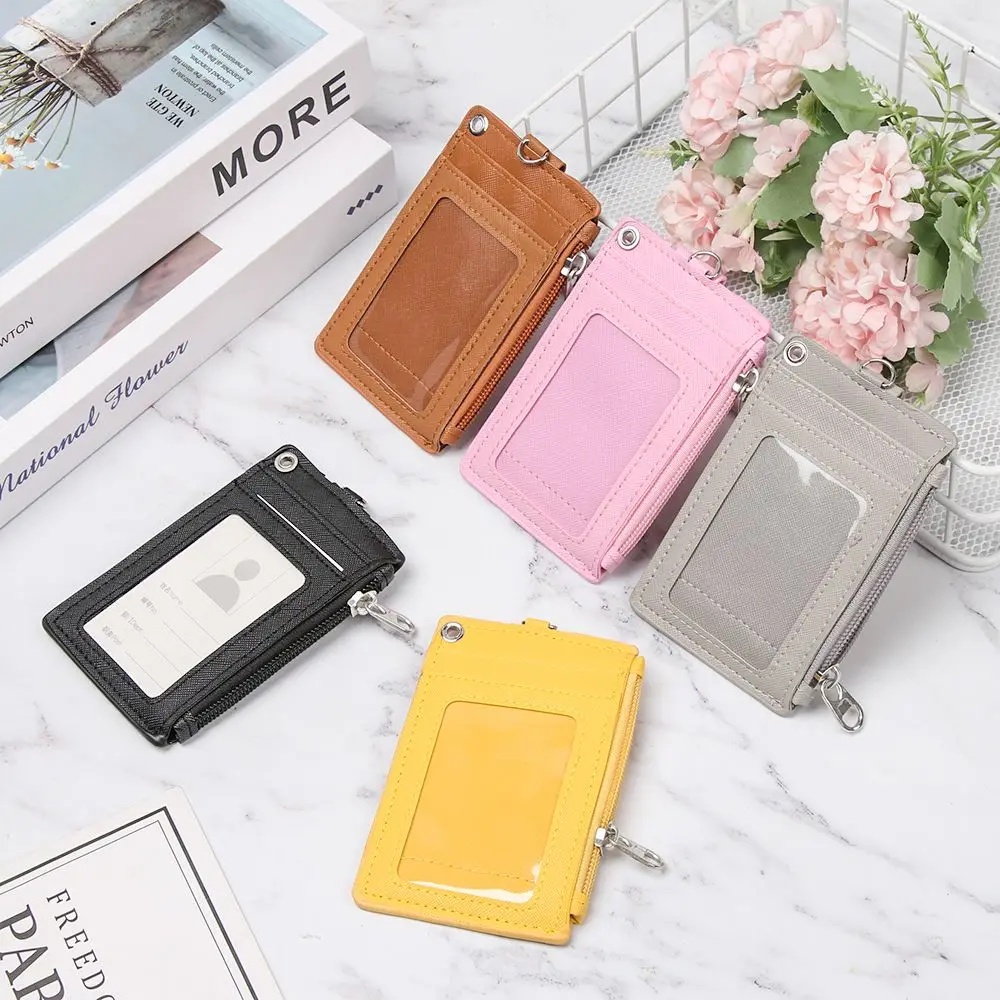 Portable PU Leather Bus Cards Cover ID Card Holder Keychain Wallet Coin Purse