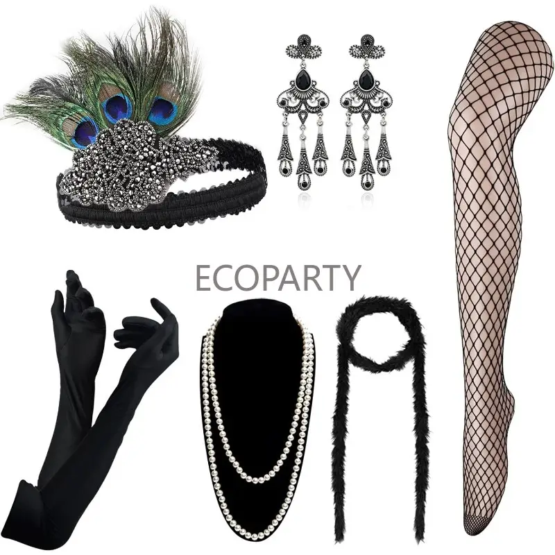 New 1920s Accessories Sets Costume Great Gatsby Feather Headband Earrings Gloves Pearl Necklace for Women Ladies Disfraz Neon - Image 2