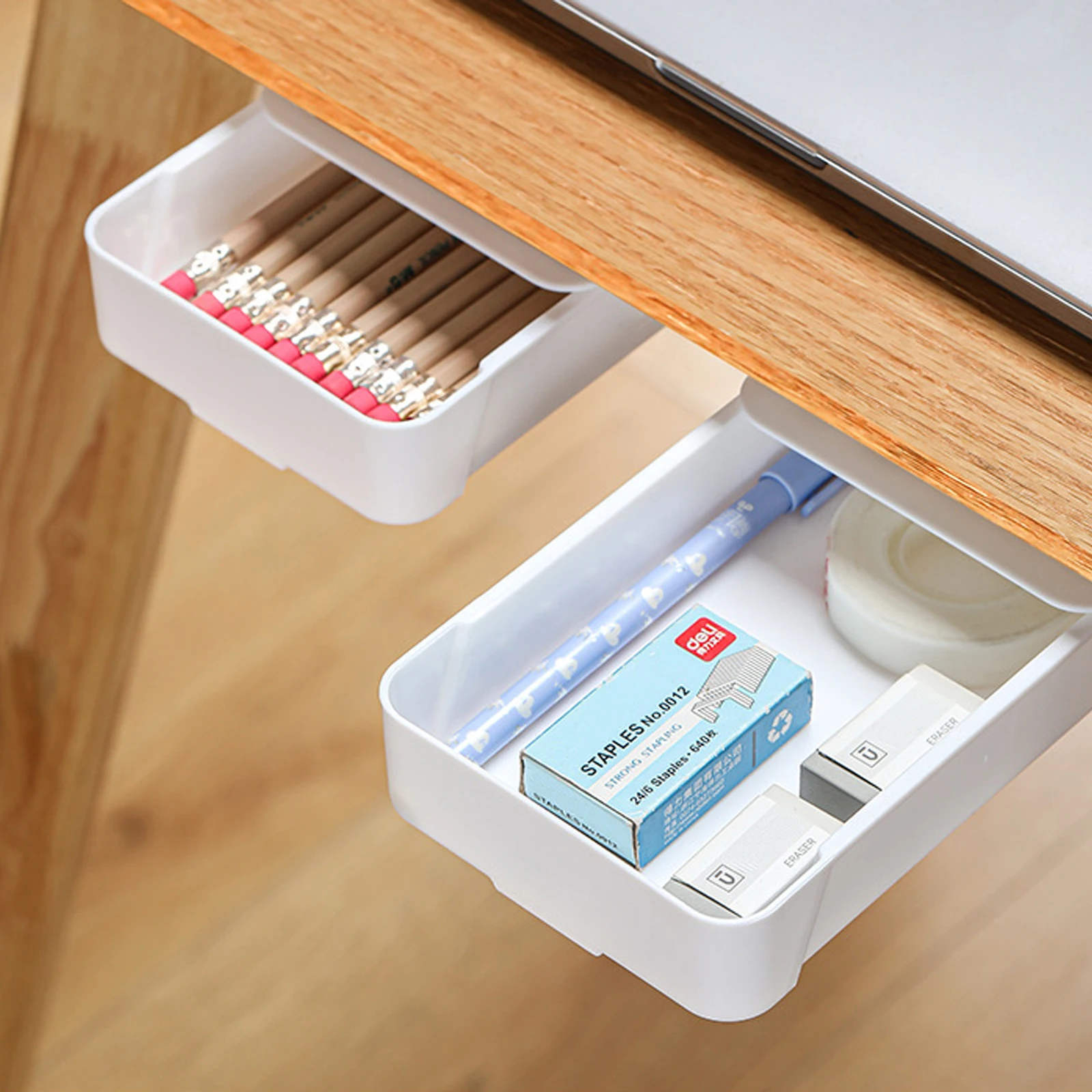 Hidden Under Desk Storage Drawer Small Desk Drawer Reduced Clutter Stationery Organizer Self-Adhesive Drawer with Sliding Track