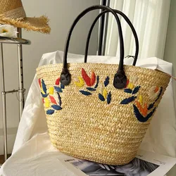 Large capacity tote bag fashion embroidered grass woven women bag shoulder bag summer vacation beach bag women  handbag