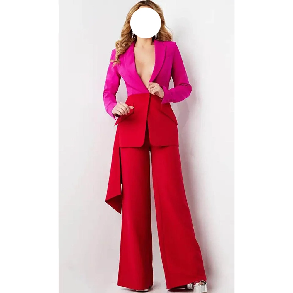 

Chic Patchwork Single Breasted Peaked Lapel Woman Suits 2 Pieces (Blazer+Trousers) Office Lady Formal Evening Party Sets