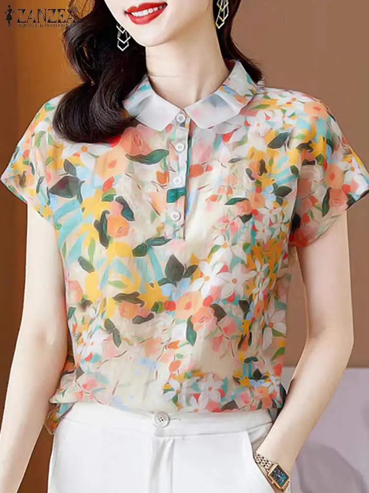 ZANZEA Elegant Office Printing Blouse 2024 Summer Short Sleeve Thin Tops Korean Fashion Female Blusas Vintage Work Cropped Tunic