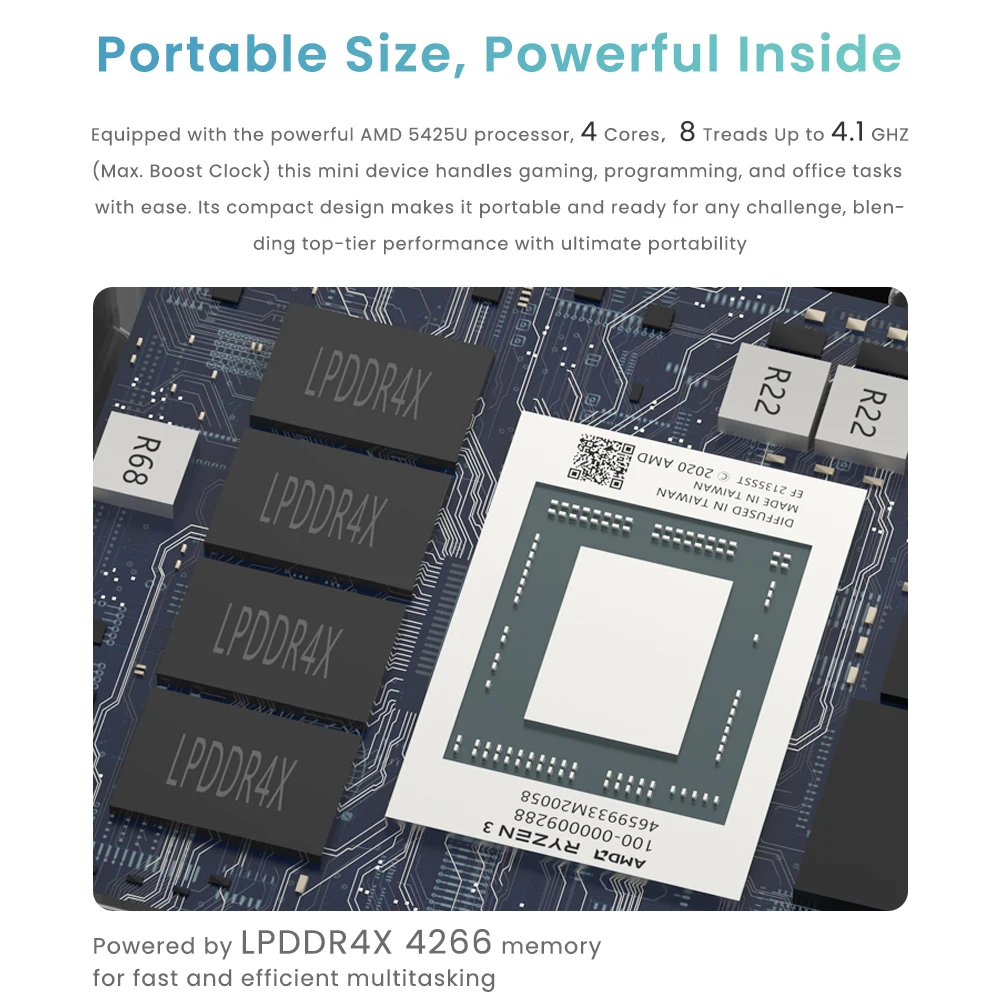 Genmachine Mini PC AMD Ryzen 3 5425U 4.1Ghz 15W Windows 11 Super Mini LPDDR4X 4266Mhz 8GB 256GB PCIe 3.0 Desktop PC da gioco fai da te