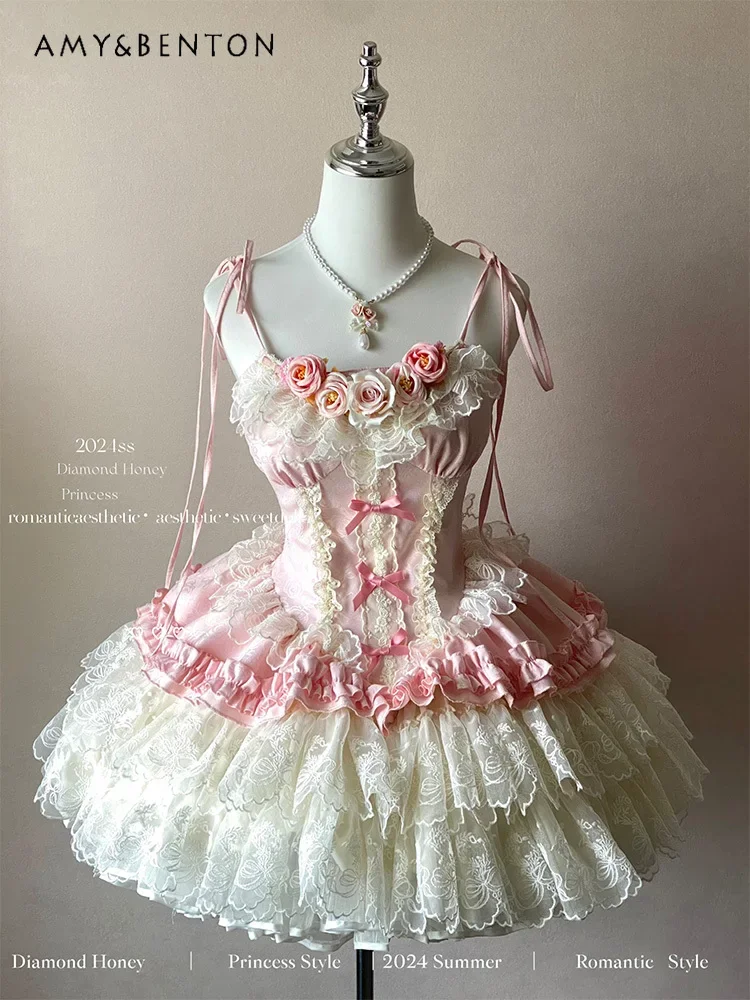 

Romantic Rose Graceful Princess Lolita Dress Sweet Cute Lace Splicing Strapless Slim Jsk Ball Gown Dresses Elegant Party Dress