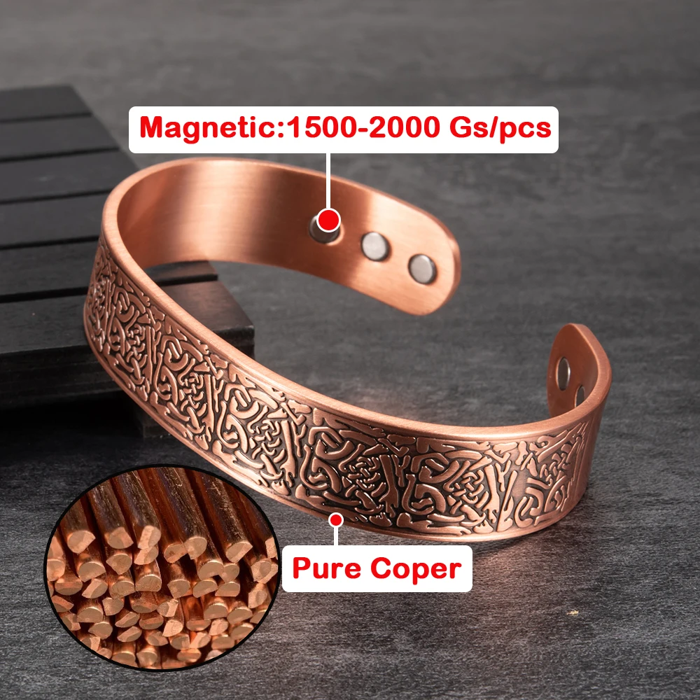 Vinterly Pure Copper Bracelets Men Magnetic Viking 15.5mm Adjustable Vintage High Magnets Metal Cuff Bangles Resizable Jewelry