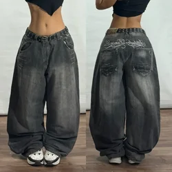 Impressão de carta vintage feminina lavada calças jeans largas, Y2K, Harajuku, Hip Hop, popular, gótico, cintura alta, calças de perna larga, streetwear, novo