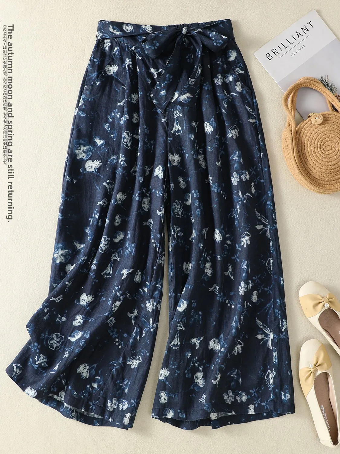 

Летние широкие брюки с узловым принтом, льняные брюки больших размеров, женские ретро-брюки с эффектом похудения, повседневные брюки длиной 7/8