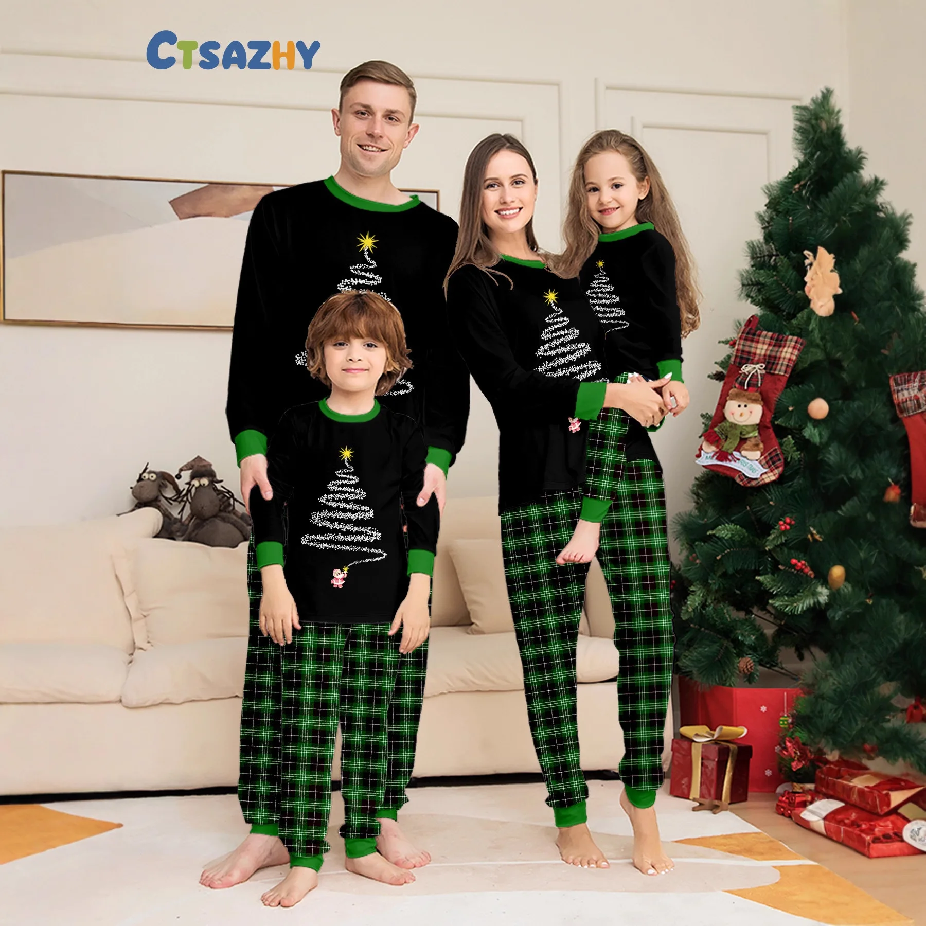 

Christmas pajamas Christmas tree matching suits for the family Green Grid family christmas pajamas matching pajamas