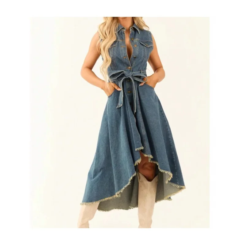 

2026 Denim Dress Fashion Sleeveless Irregular Rough Edge