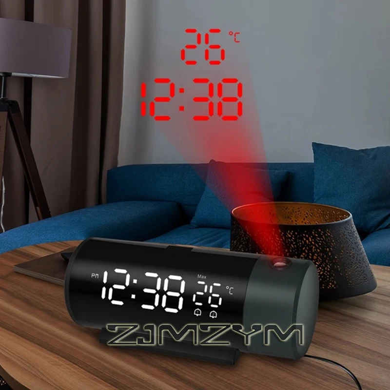 Digital Dual Alarm Clock LED Projector With Thermometer 180° Rotation Projection Bedside Clocks Snooze Clocks USB Phone Charge