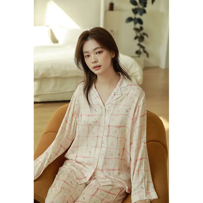 Women Viscose Satin Pajama Set Silky Smooth Drape Gentle Pink Plaid Floral Print Notched Lapel Breathable All Season Sleepwear